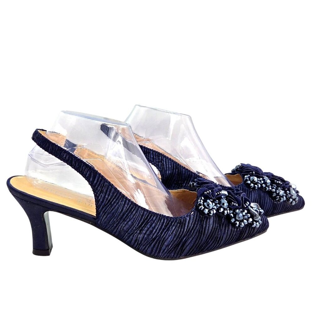 Whittall & Shon Navy Blue Ruched Velvet Embellished Slingback Heels Size 10 - Picture 5 of 10